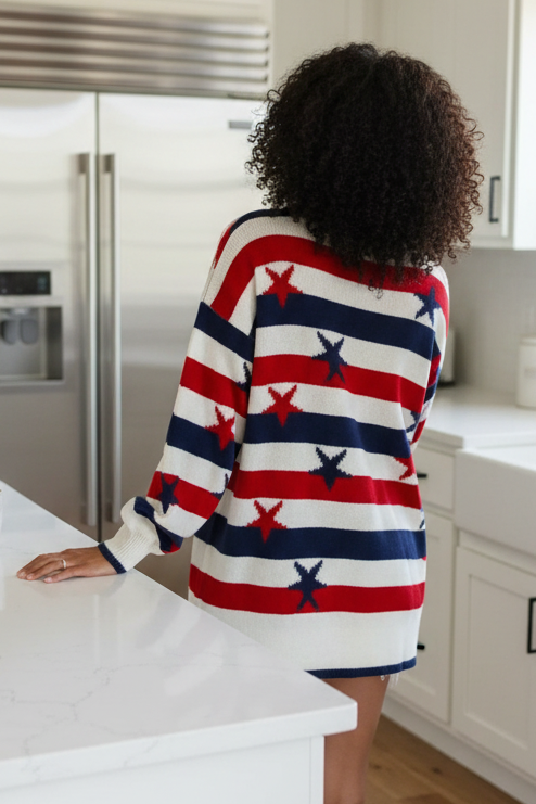 Oversized Stars and Stripes High-Low Long Sleeve Knit American Sweater