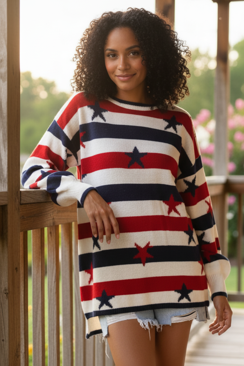 Oversized Stars and Stripes High-Low Long Sleeve Knit American Sweater