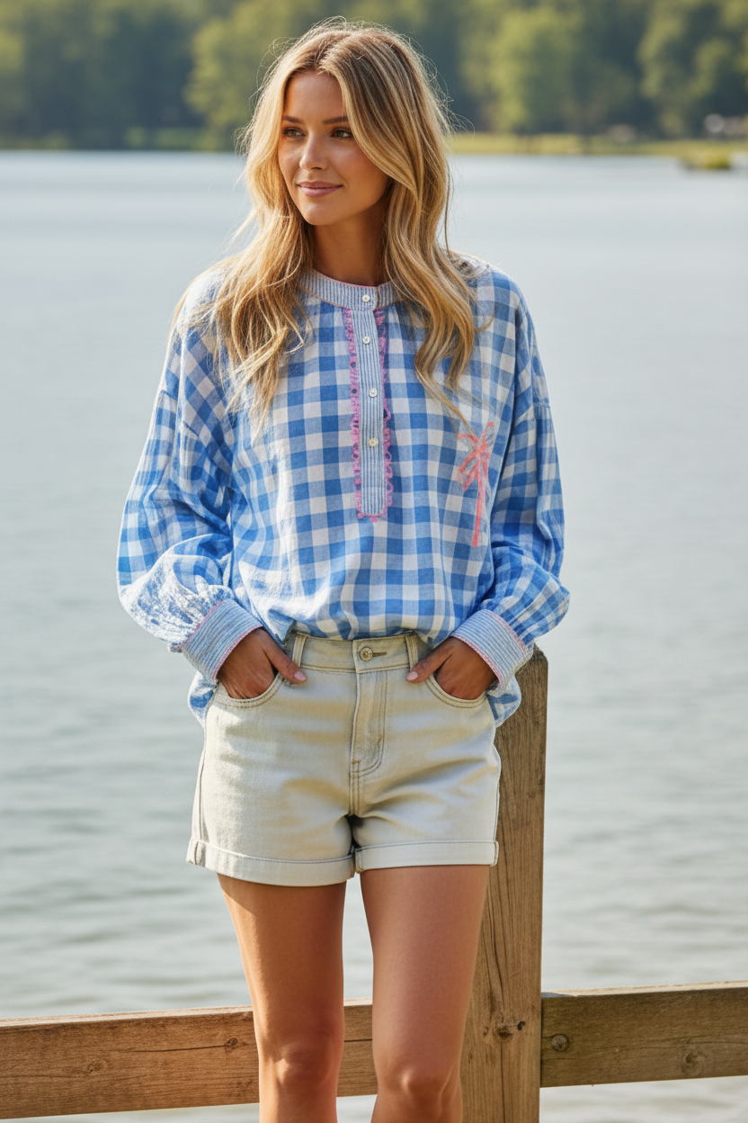 POL Embroidered Palm Tree Gingham Plaid Oversized Boxy Long Sleeve Blouse
