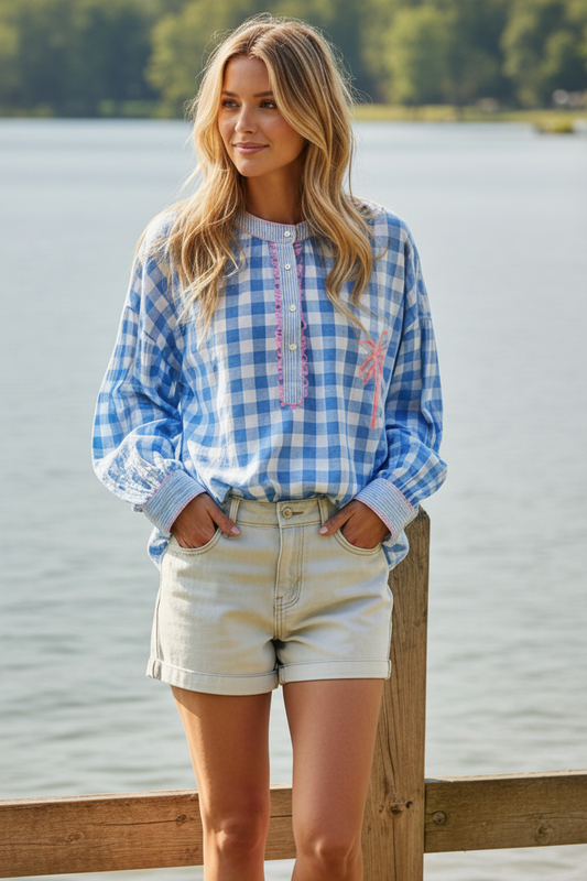 POL Embroidered Palm Tree Gingham Plaid Oversized Boxy Long Sleeve Blouse