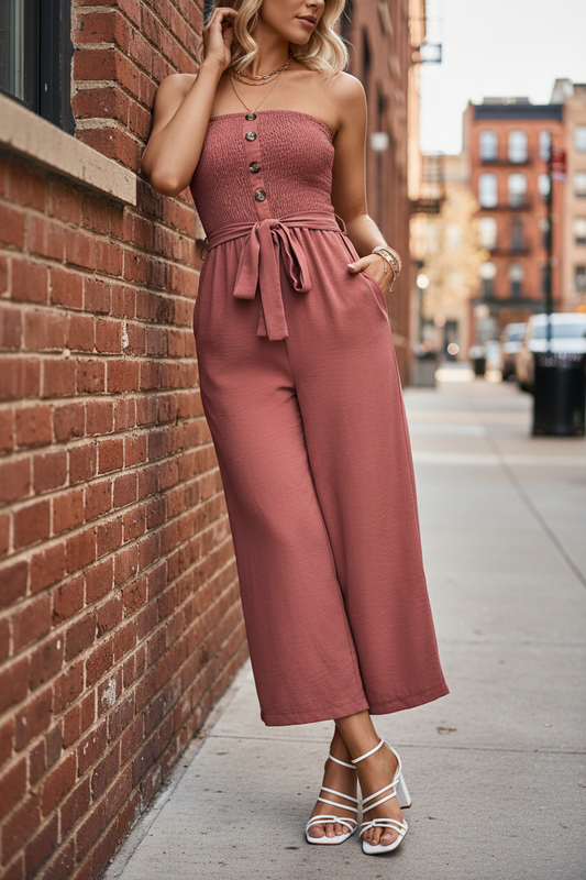 Strapless Smocked Bodice Button Belted Waist Cropped Pant Wide-Leg Jumpsuit
