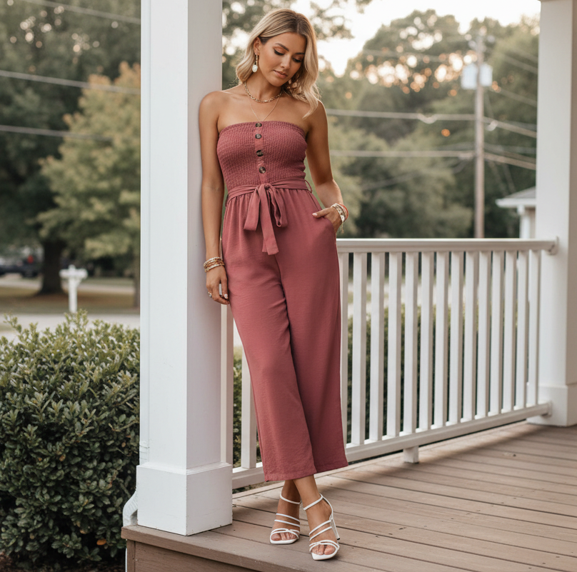 Strapless Smocked Bodice Button Belted Waist Cropped Pant Wide-Leg Jumpsuit