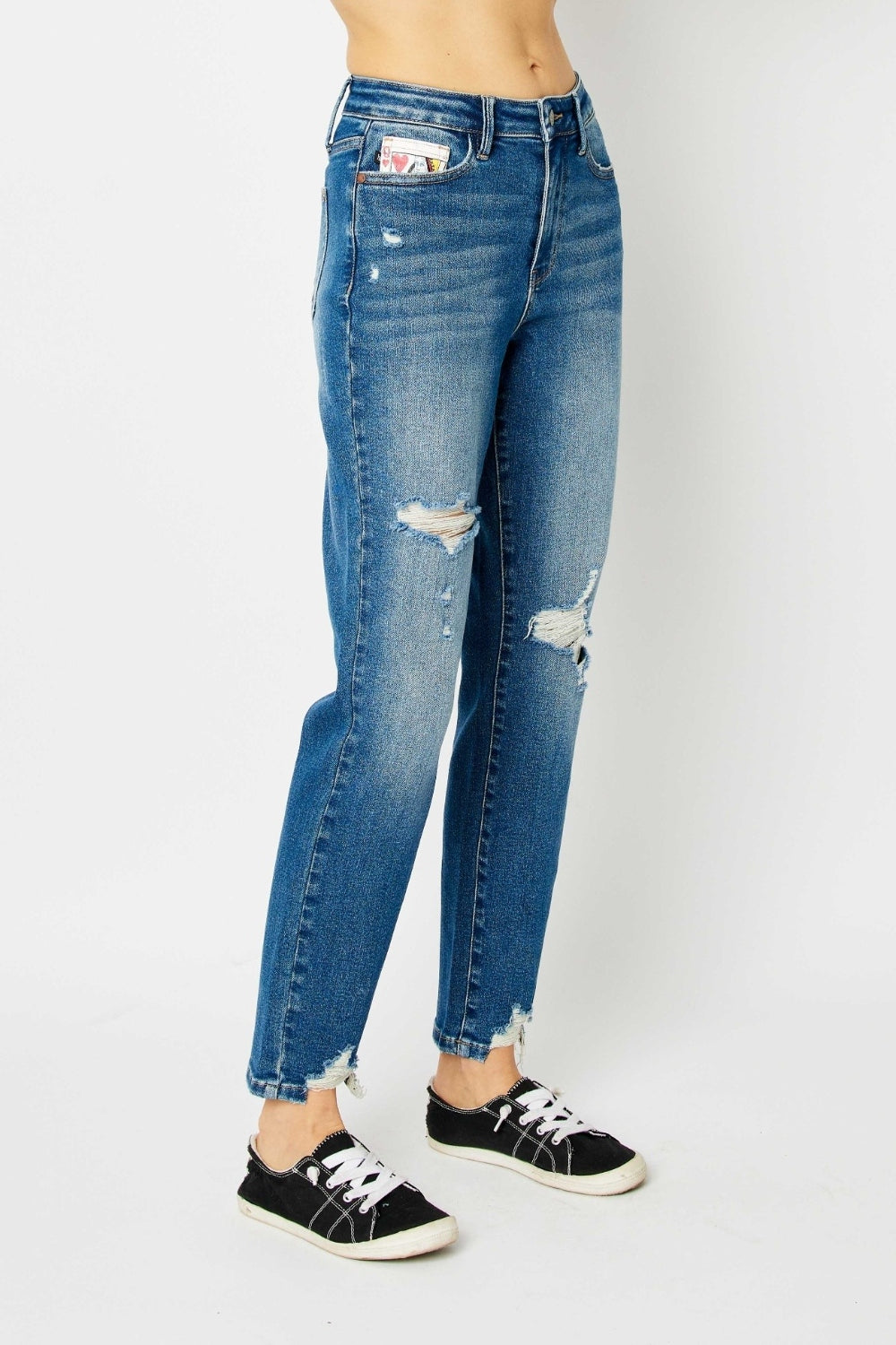 Judy Blue Queen Of Hearts Mid-Rise Distressed Torn Denim Slim Mom Jean Pants