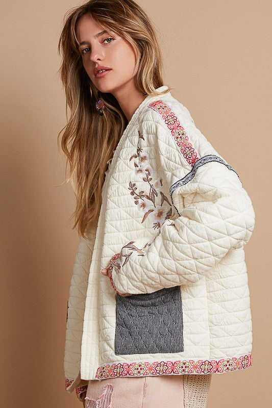 POL Quilted Granny Floral Embroidered Patchwork Oversized Pocket Bohemian Jacket