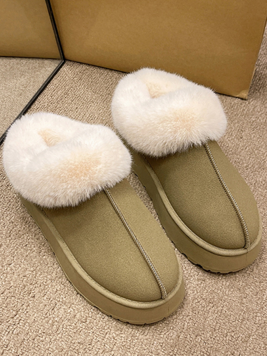 Platform Slippers Tazzette Plush Faux Fur Collar Slip-on Vegan Suede Winter Shoes