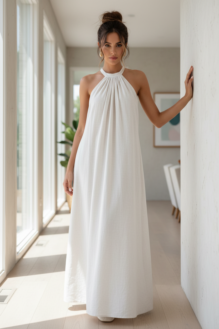 Pleated High Neck Halter Backless Relaxed Fit Drape Sleeveless Maxi Dress