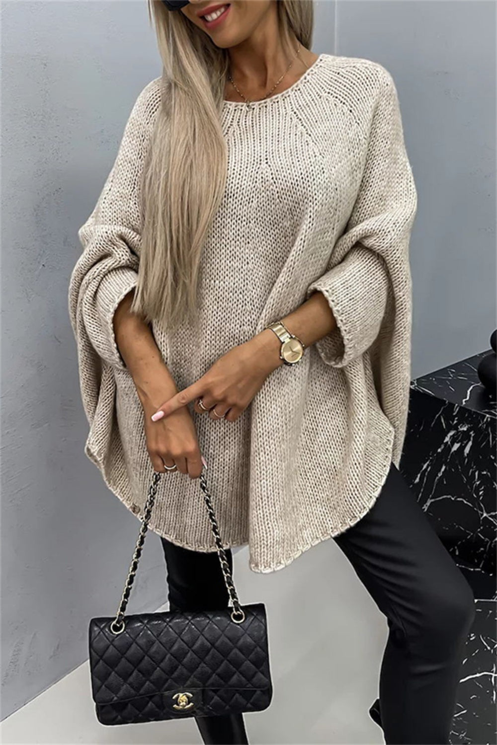 Oversized Knit Top Batwing Baggy Long Pullover Sweater Poncho Shirt Round Neck