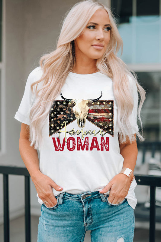 American Woman Graphic County Western Bull US Flag Top Cuffed Short Sleeve Shirt