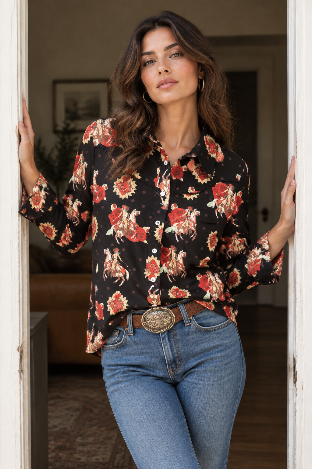 Rodeo Cowgirl Western Yoke Button-Up Shirt Long Sleeve Dress Shirt Southern Top