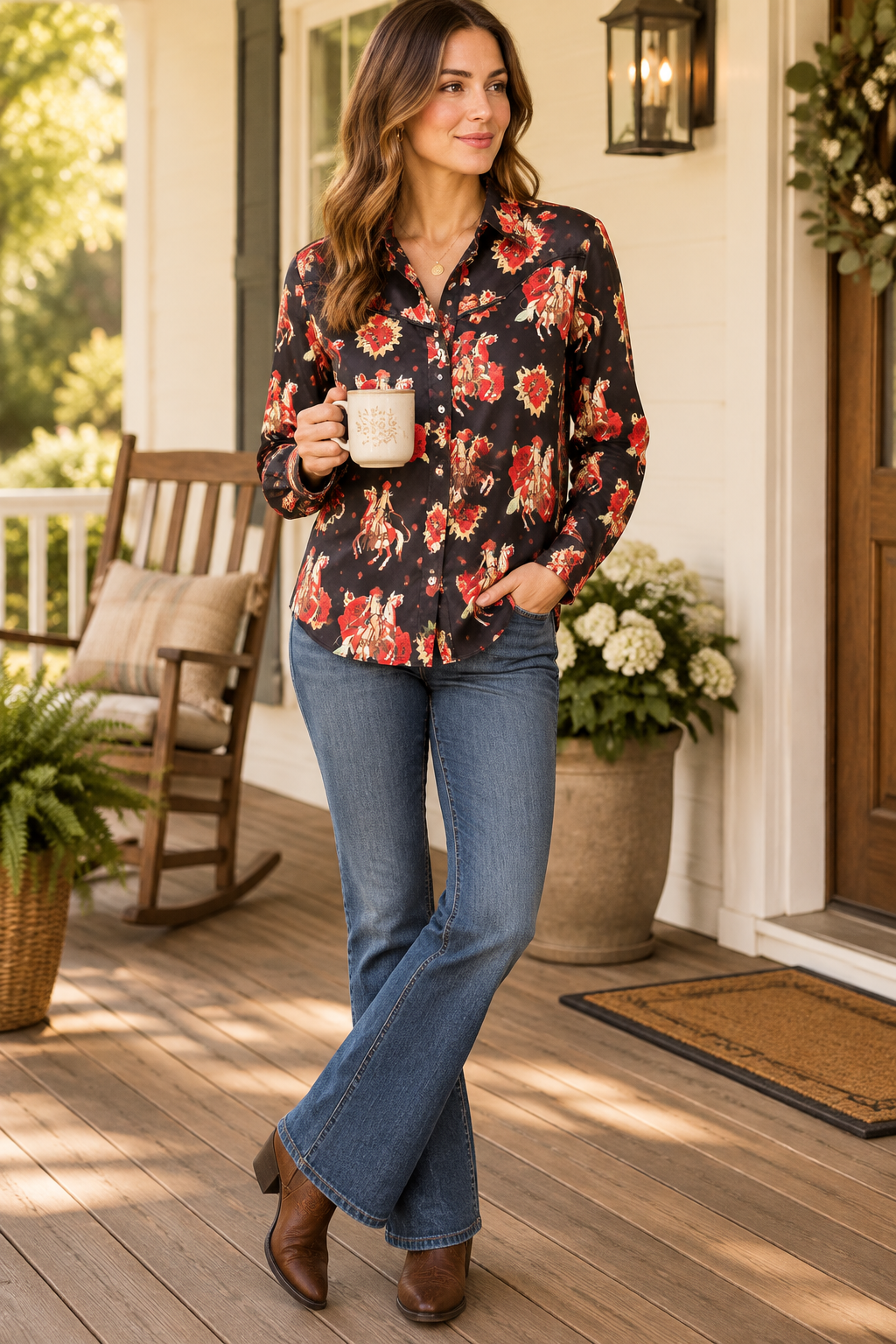 Rodeo Cowgirl Western Yoke Button-Up Shirt Long Sleeve Dress Shirt Southern Top