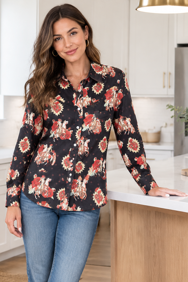 Rodeo Cowgirl Western Yoke Button-Up Shirt Long Sleeve Dress Shirt Southern Top