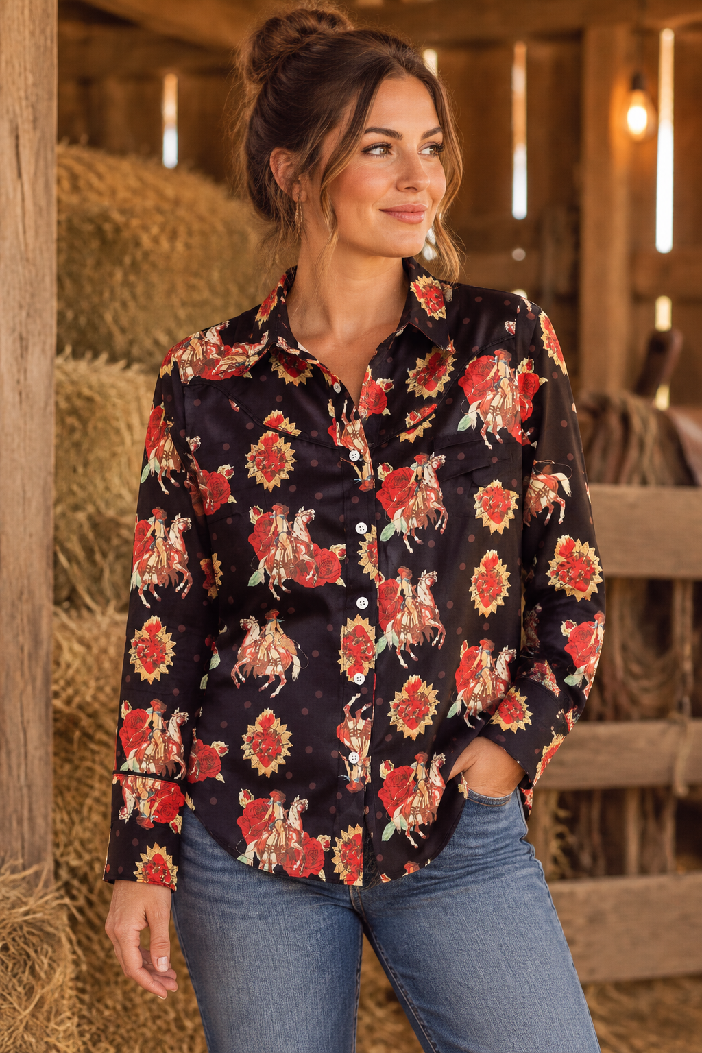 Rodeo Cowgirl Western Yoke Button-Up Shirt Long Sleeve Dress Shirt Southern Top