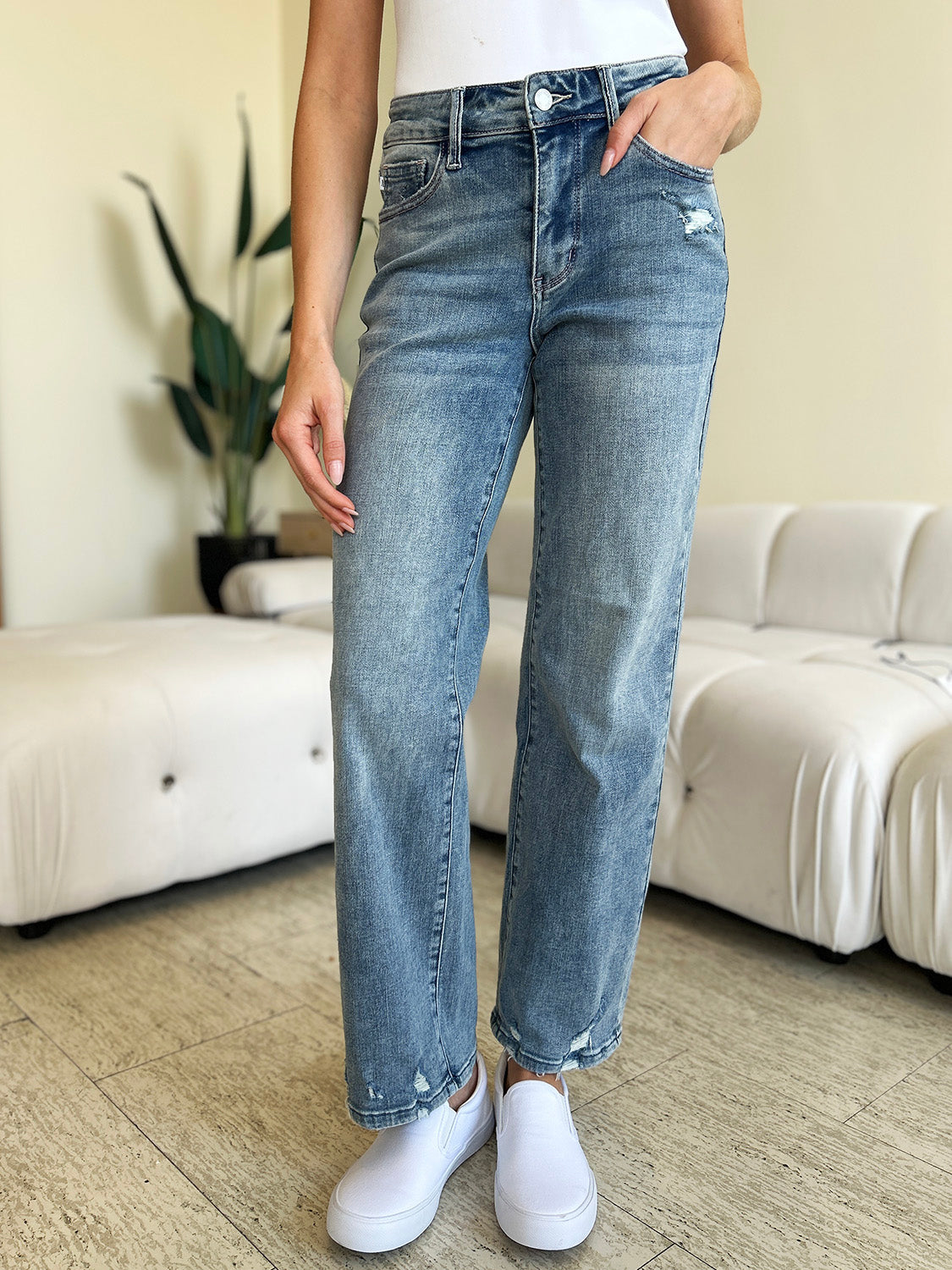 Judy Blue High-Rise Waist Distressed Denim Boyfriend Straight Leg Jean Pants