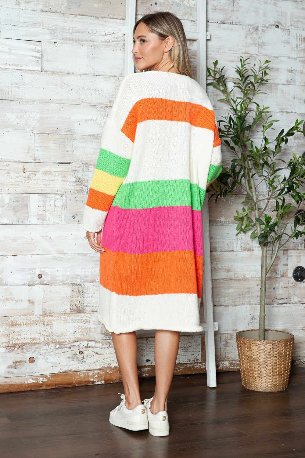 PEACE Oversized Knit Sweater Dress Colorful Contrasting Long Sleeve Knee Midi