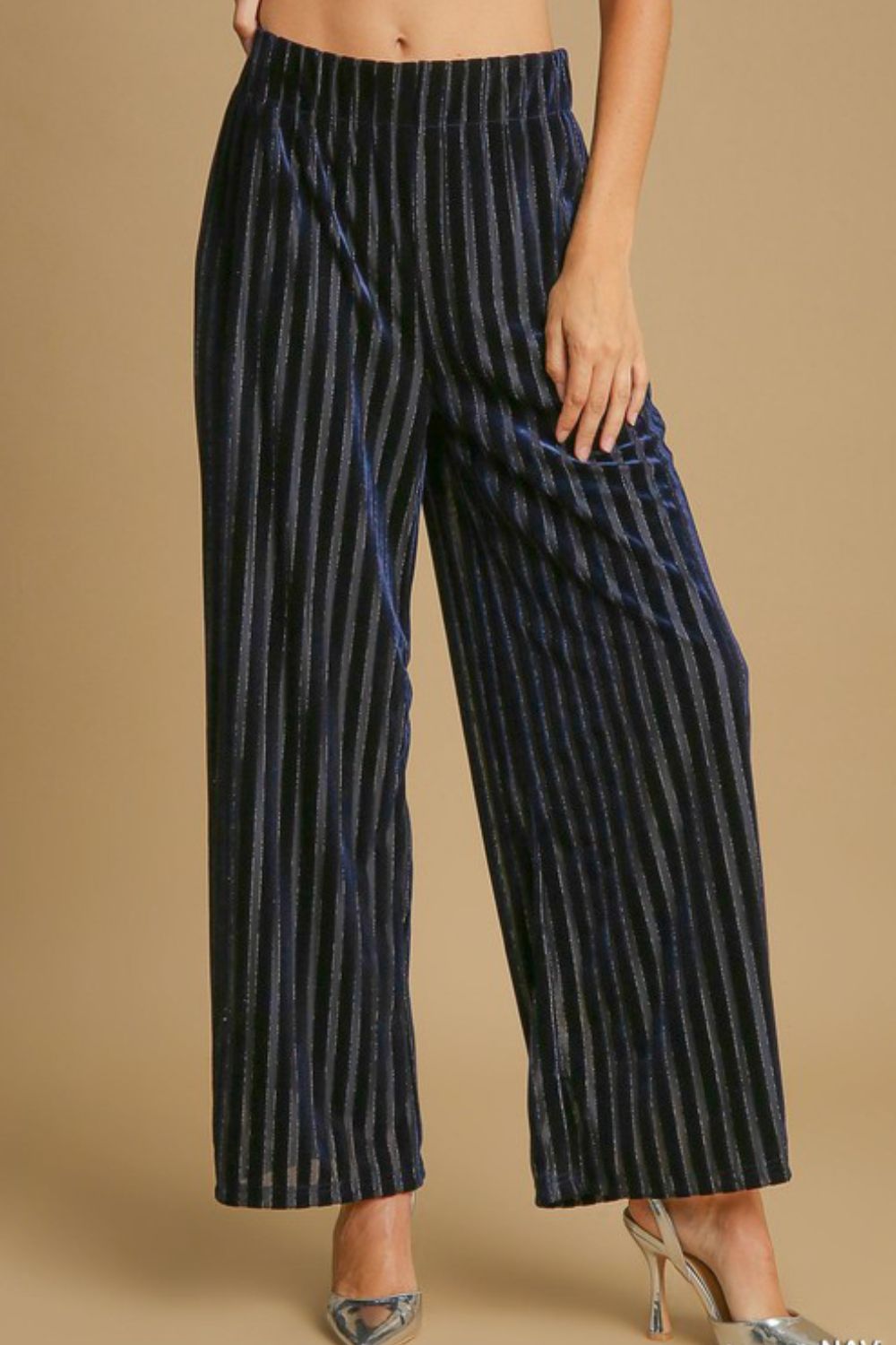 Umgee Velvet High-Rise Retro Pants Wide Leg Boho 70s Metallic Stripe Elastic Waist