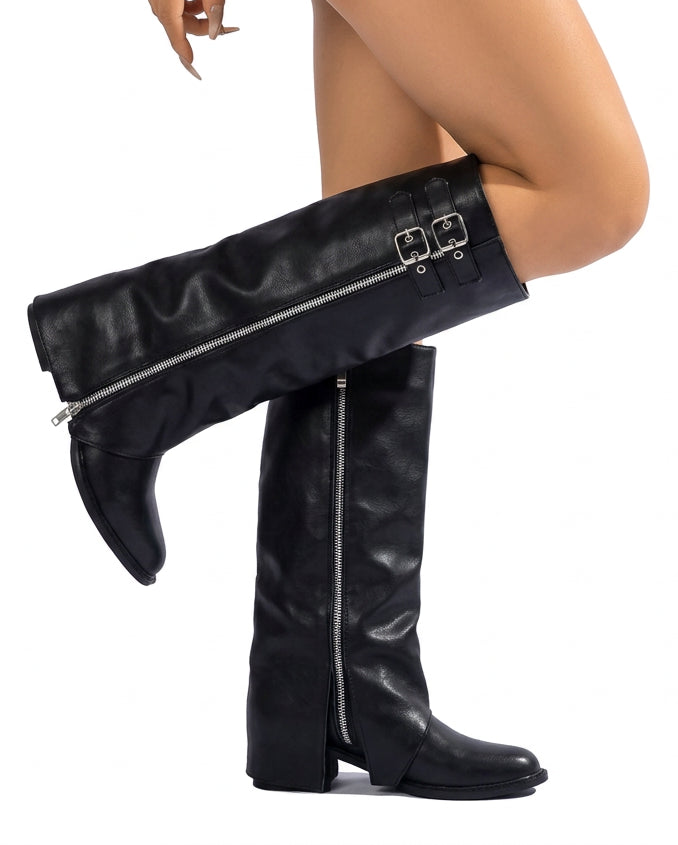 Shark Western Knee High Riding Boots Faux Leather Double Buckle Pointed Toe Block Heel Shoes