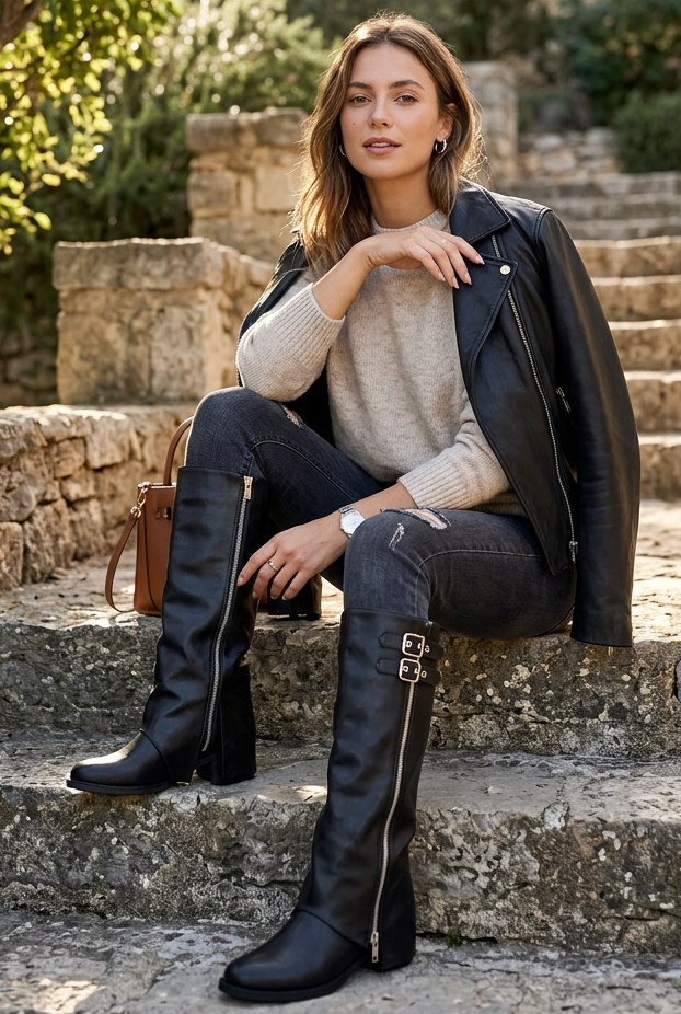 Shark Western Knee High Riding Boots Faux Leather Double Buckle Pointed Toe Block Heel Shoes