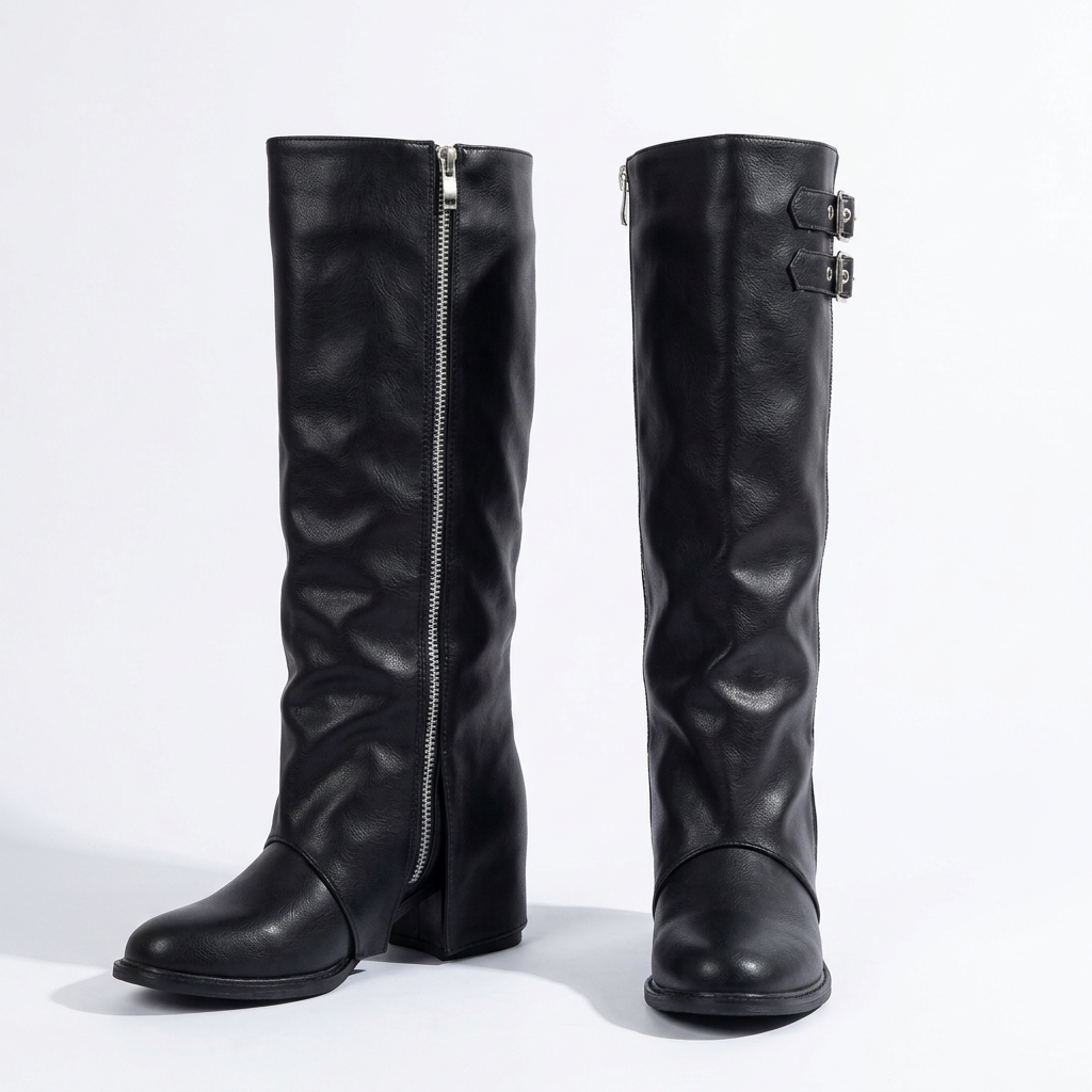 Shark Western Knee High Riding Boots Faux Leather Double Buckle Pointed Toe Block Heel Shoes