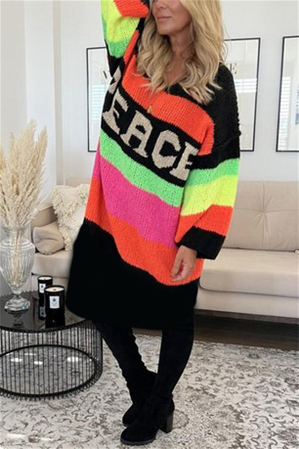 PEACE Oversized Knit Sweater Dress Colorful Contrasting Long Sleeve Knee Midi