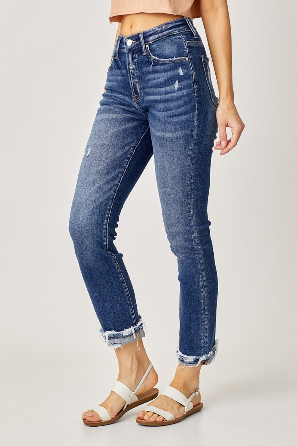 RISEN Retro High-Rise Distressed Mom Jeans Straight Leg Cuffed Raw Denim Pants