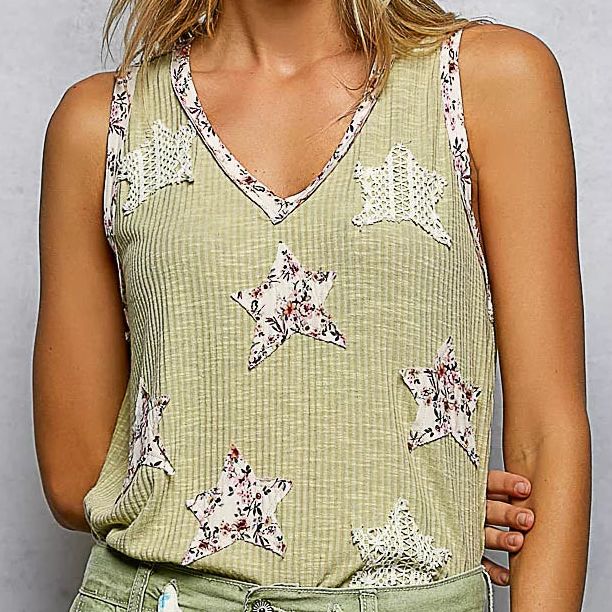 POL Boho Floral Star Patchwork Retro Ribbed Tank Top V-Neck Sleeveless Shirt Sage Green