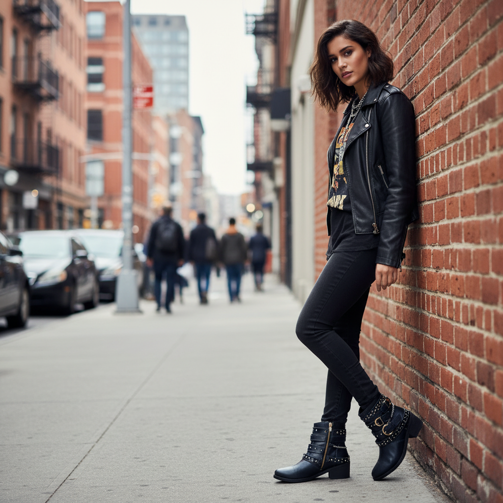 Studded Buckle Ankle Boots Vegan Leather Moto Strappy Urban Block Heel Shoes