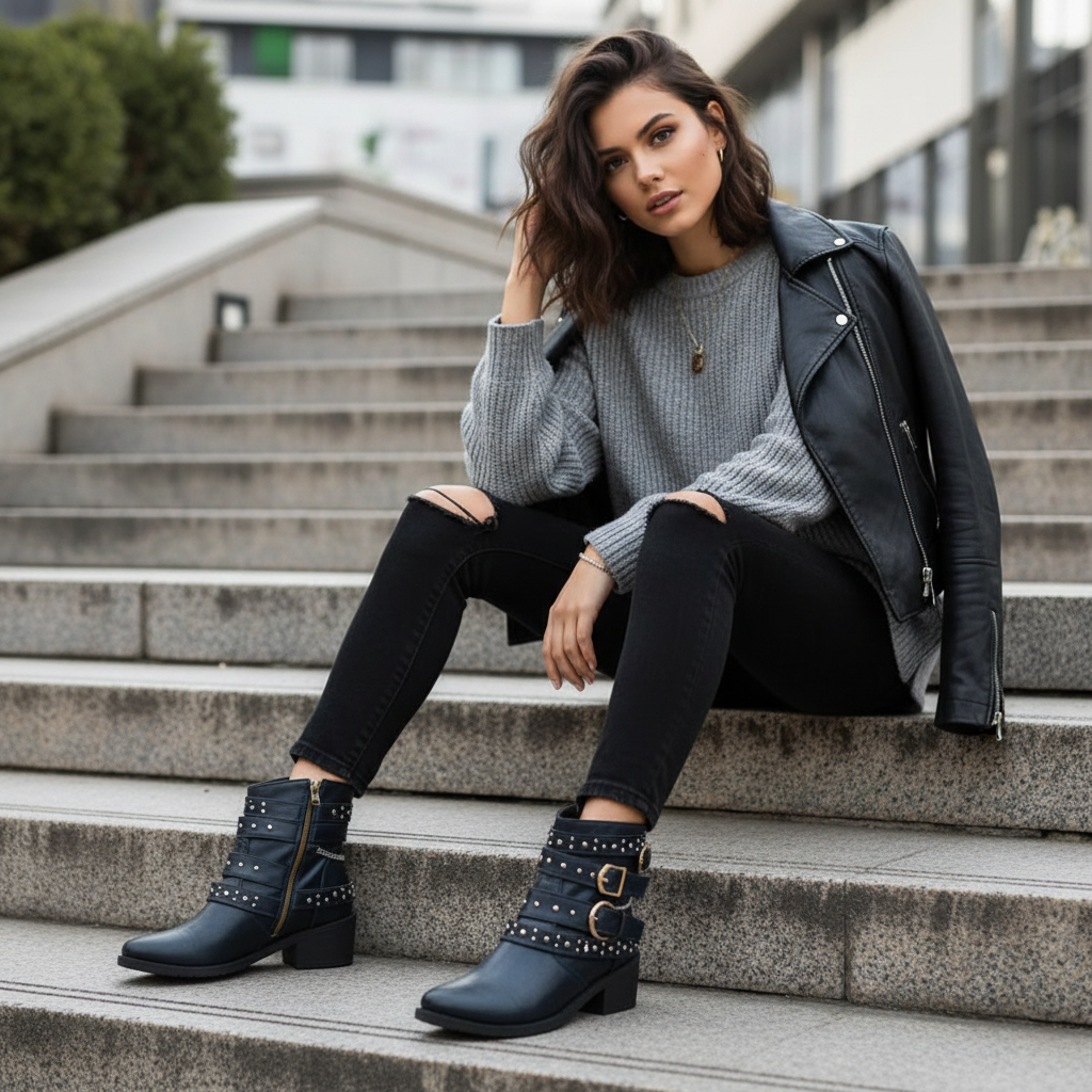 Studded Buckle Ankle Boots Vegan Leather Moto Strappy Urban Block Heel Shoes