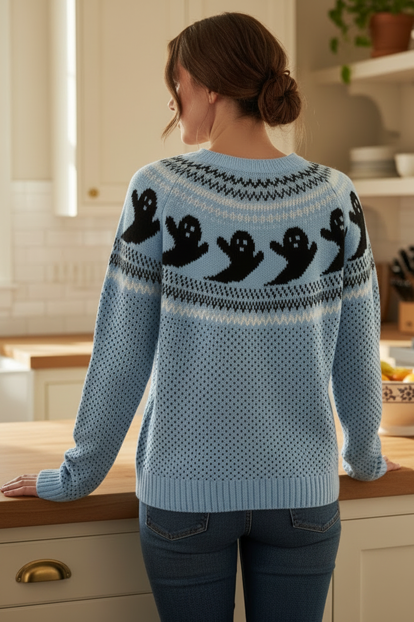 Ghost Fair Isle Nordic Crew Neck Top Long Sleeve Halloween Pullover Knit Sweater