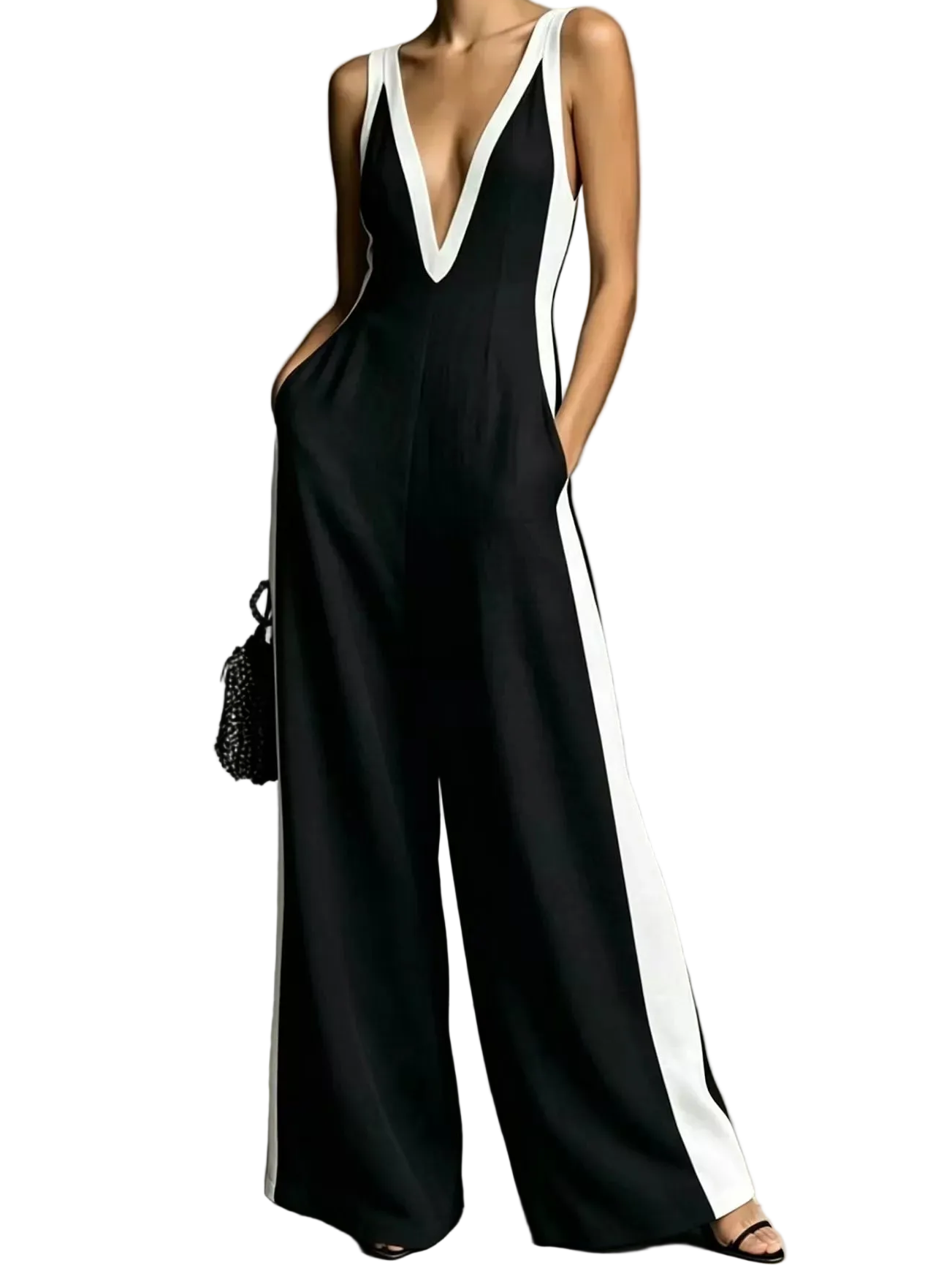 Contrasting Deep V-Neck Wide Leg Pants Sleeveless One-Piece Zipper Back Jumpsuit