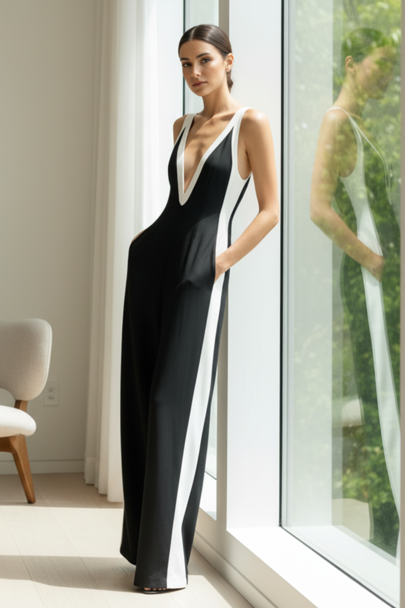 Contrasting Deep V-Neck Wide Leg Pants Sleeveless One-Piece Zipper Back Jumpsuit