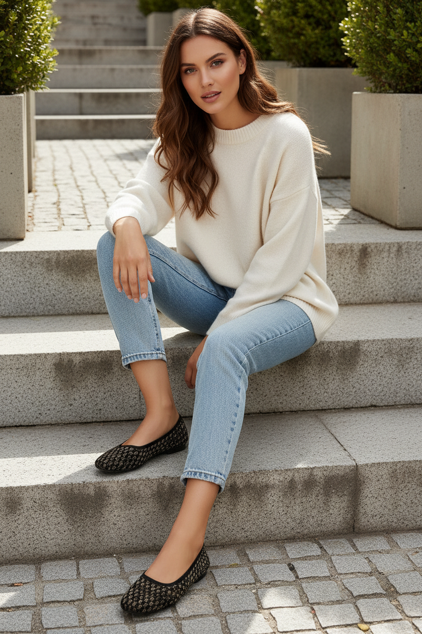 Textured Checker Knit Round Toe Ballet Flats Casual Slip-On Shoes