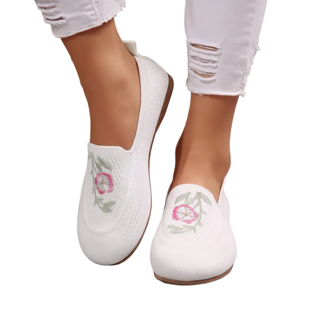 Retro Floral Embroidered Knit Slip-On Loafers Round Toe Shoes Ballet Flats