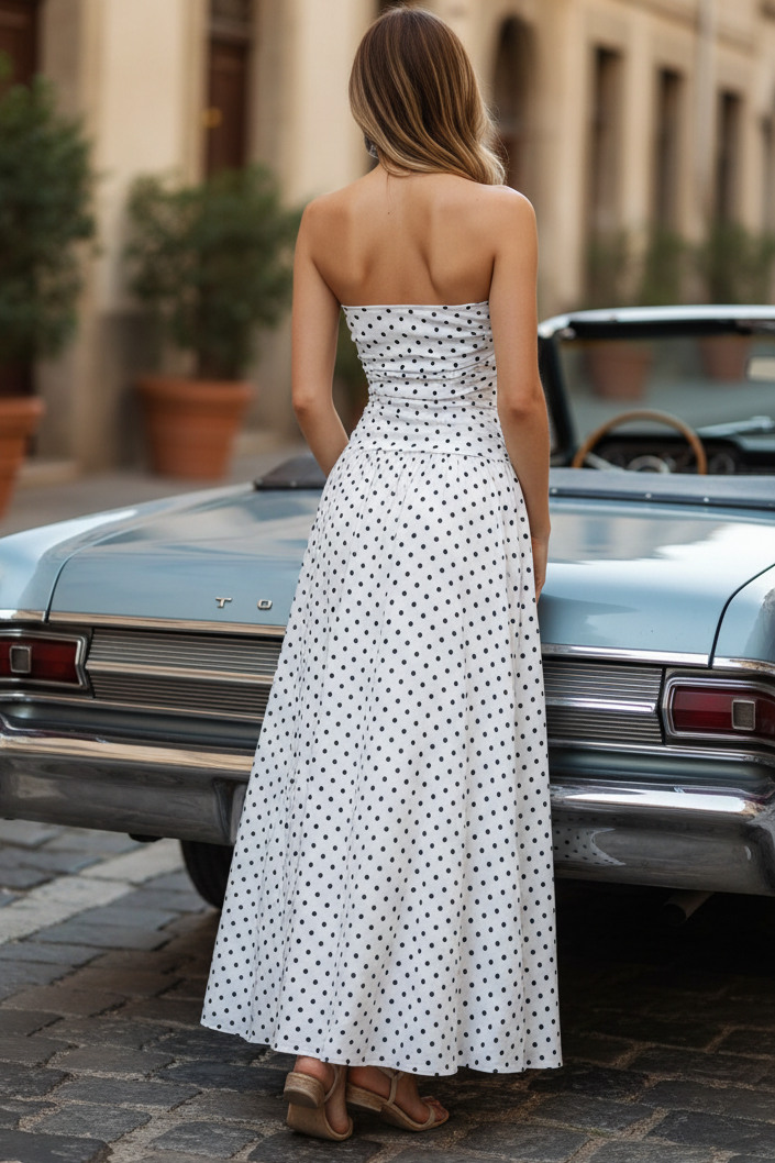 Retro Polka Dot Bandeau Strapless Ruched Drop Waist Fit & Flare Maxi Dress