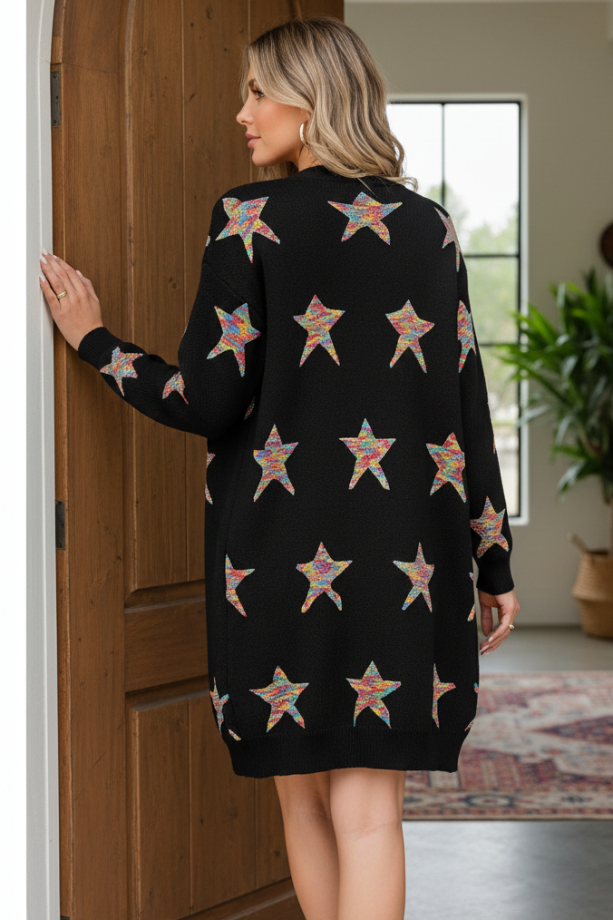 Colorful Star Intarsia Open Front Longline Knit Granny Knit Patch Pocket Cardigan