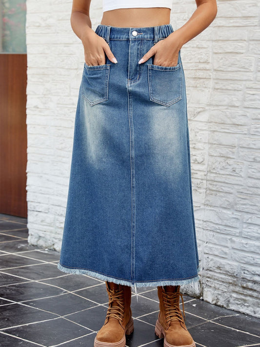 Retro Patch Pocket High-Rise Elastic Waist Raw Fringe Hem Denim Blue Jean Midi Skirt