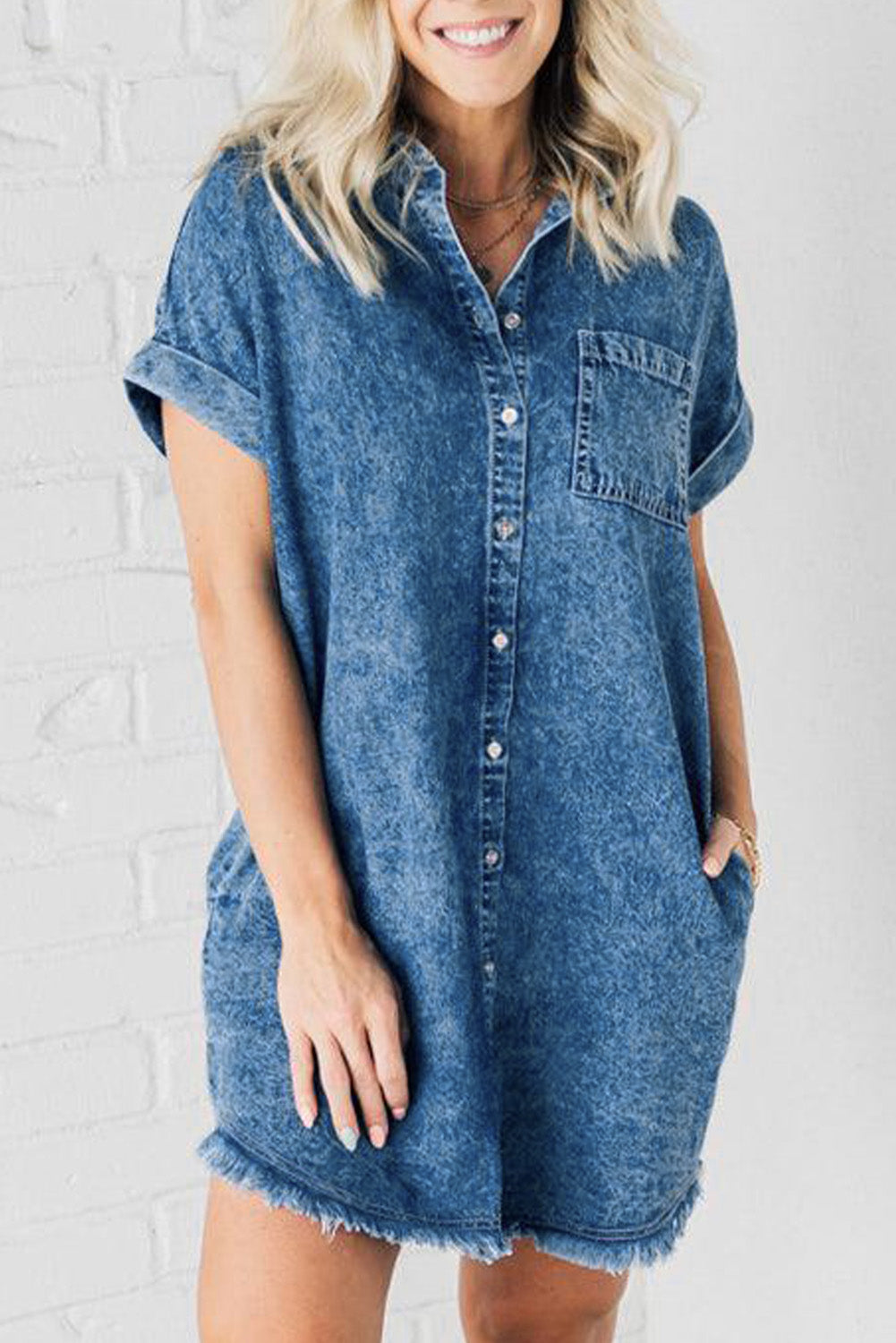 Distressed Denim Short Sleeve Button Front Pocket Blue Jean Cotton Mini Shirt Dress