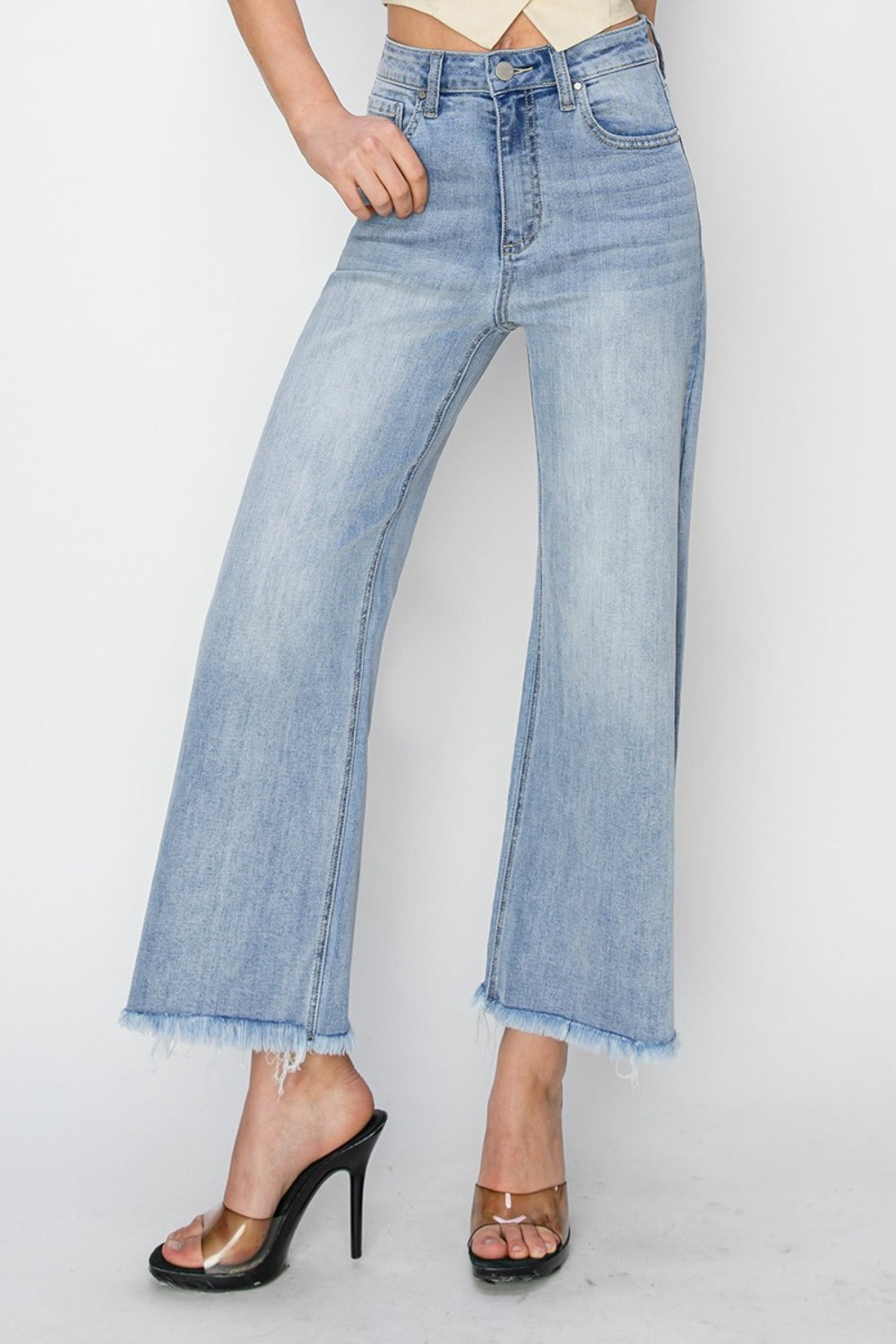 RISEN High-Rise Waist Pants Wide Leg Cropped Raw Frayed Hem Boyfriend Denim Jeans