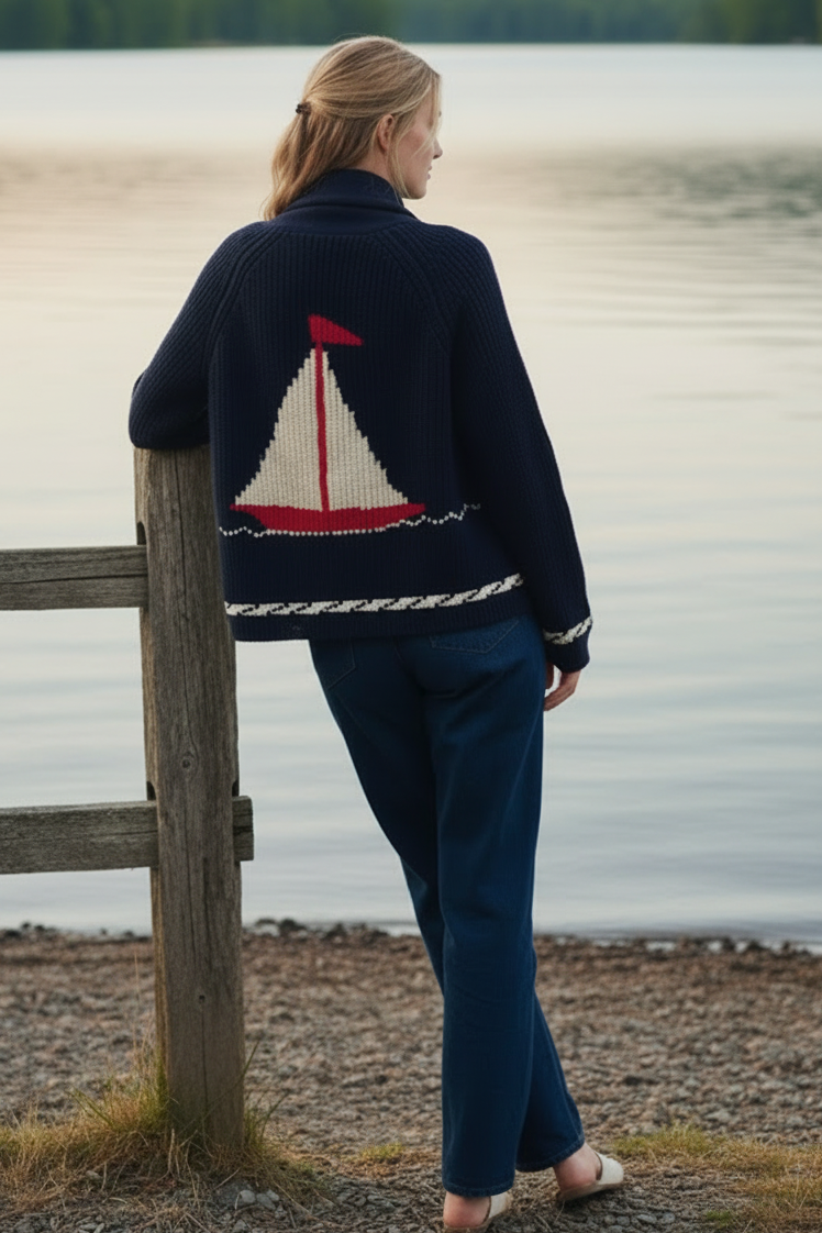 Nautical Sailboat Equestrian Horse Shawl Collar Open Front Preppy Boxy Knit Cardigan