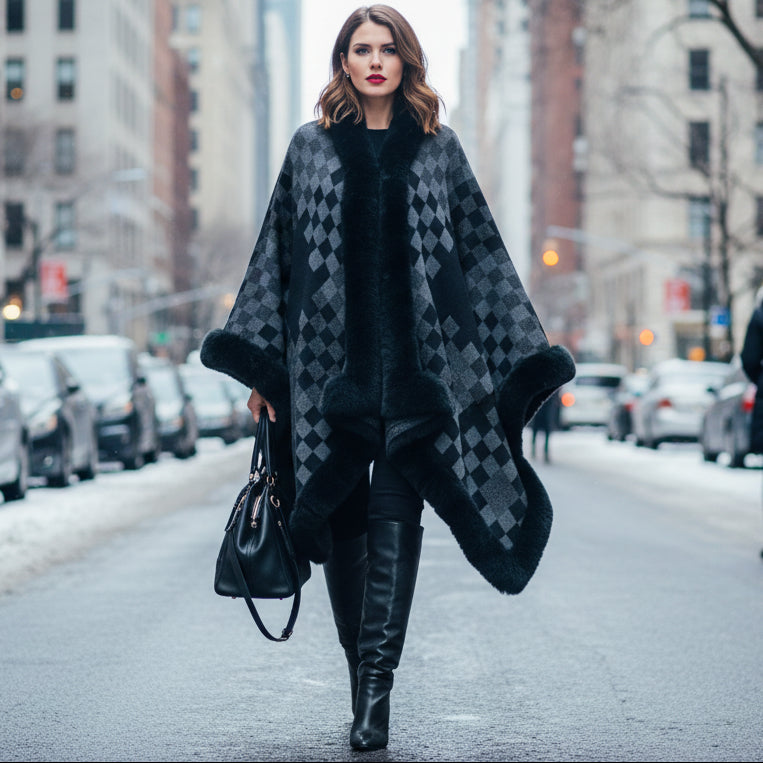 Large Cape Plush Faux Fur Heavy Checker Pullover Oversized Sweater Jacket Poncho