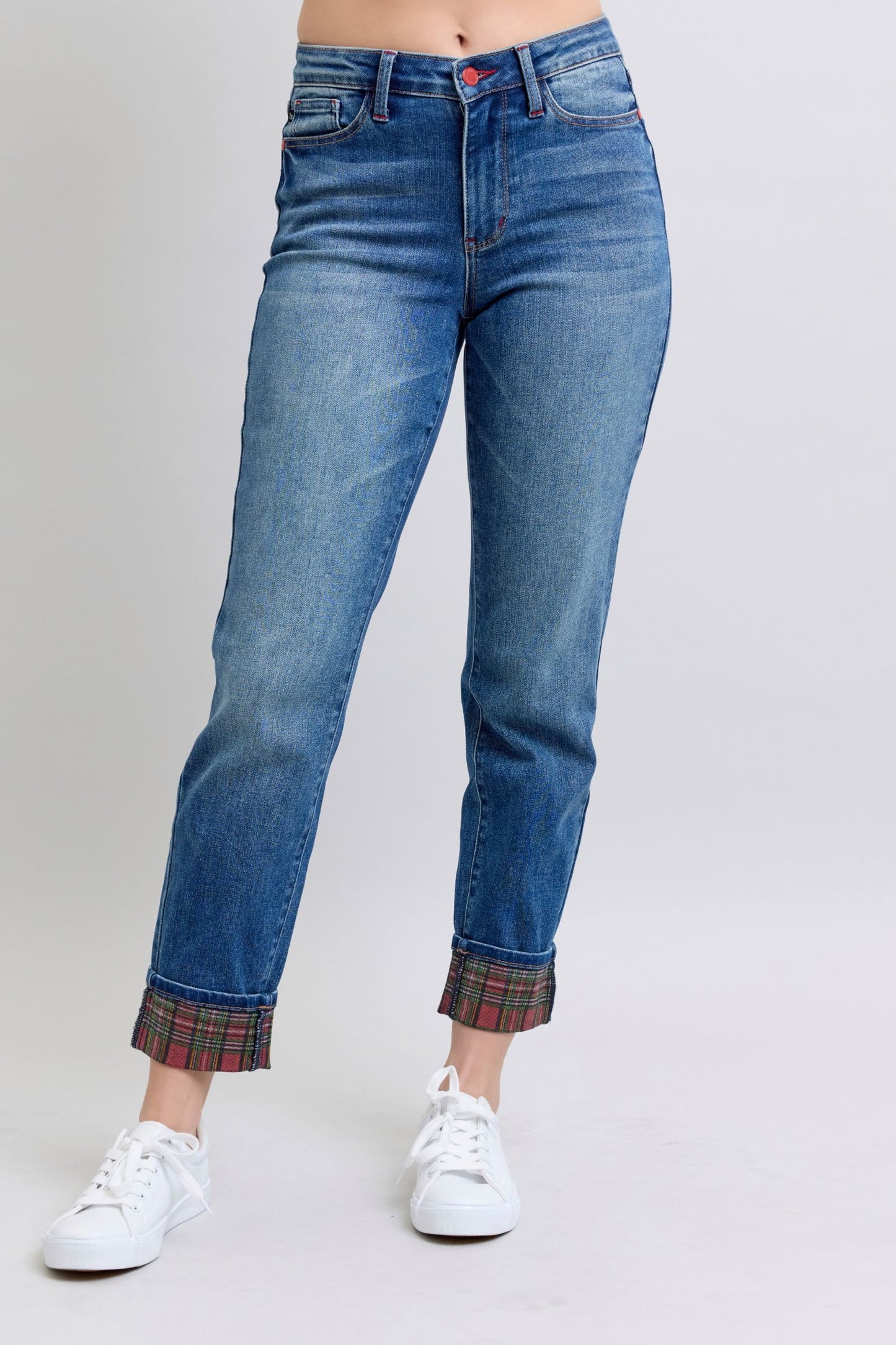 Judy Blue Red Plaid Cuffed High-Rise Straight Leg Cropped Jeans Limited Denim Pants