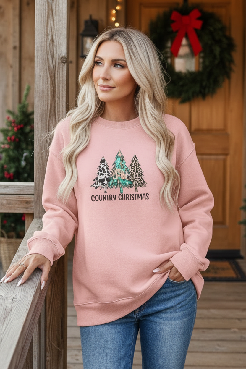 Country Christmas Animal Tree Western Cowgirl Top Crew Neck Pullover Sweatshirt