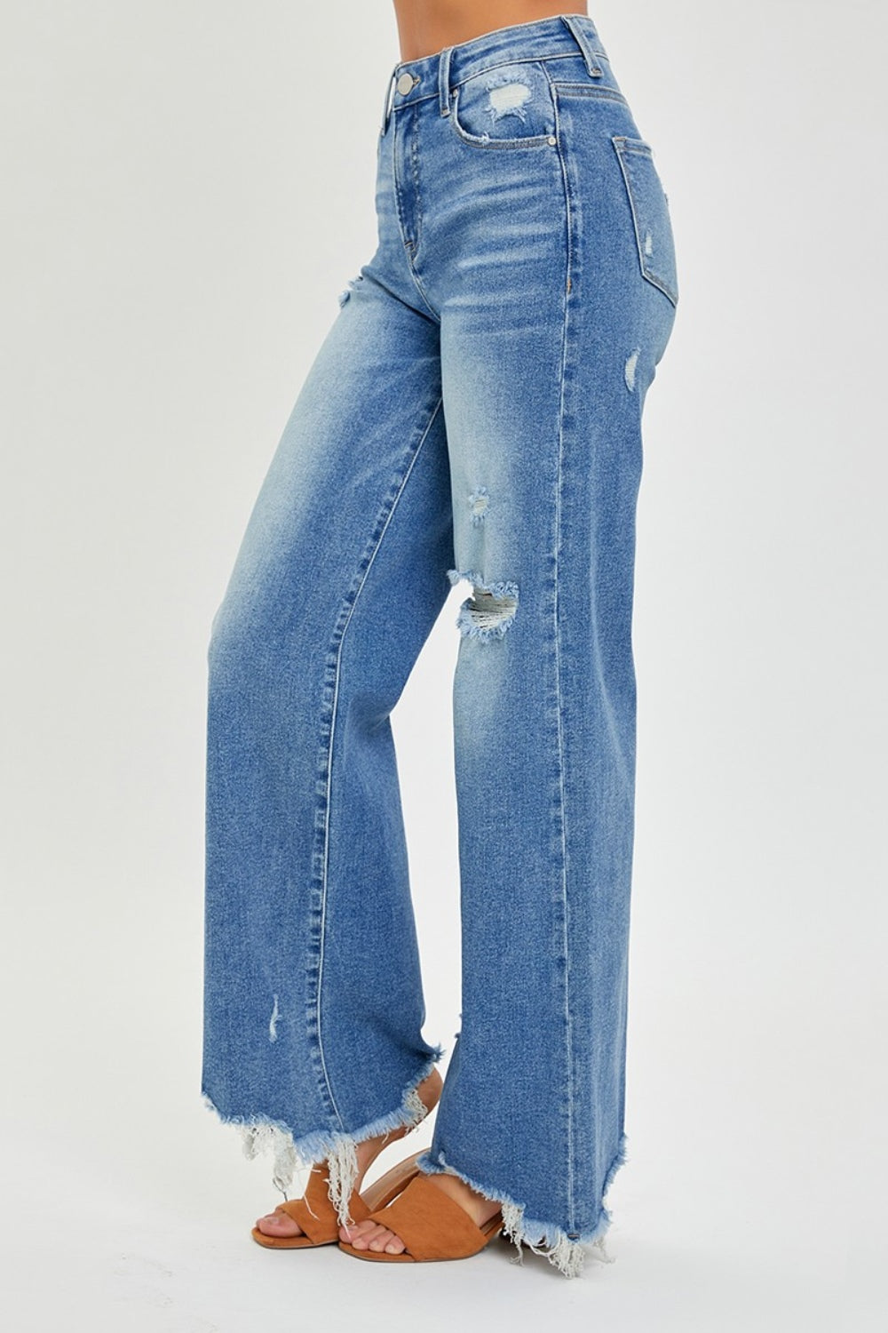 High-Rise Mom Jeans Wide Leg Distressed Raw Denim Retro Pants RISEN