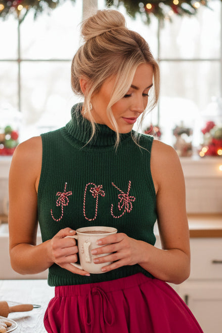 JOY Candy Cane Embroidered Sleeveless Chunky Turtleneck Cropped Knit Sweater Vest