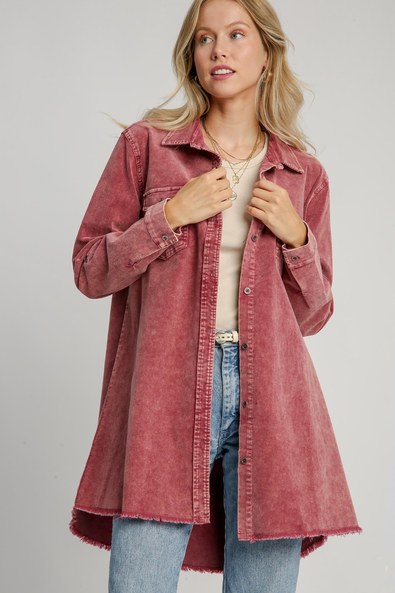 Umgee Denim Shacket Pocket Raw Hem Oversized Boyfriend Button Jean Shirt Jacket