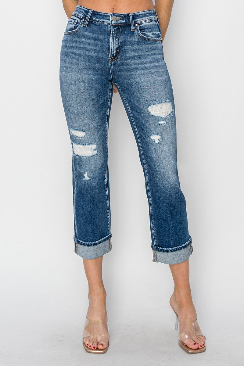 RISEN High-Rise Straight Leg Cuffed Cropped Hem Jeans Distressed Torn Denim Pants