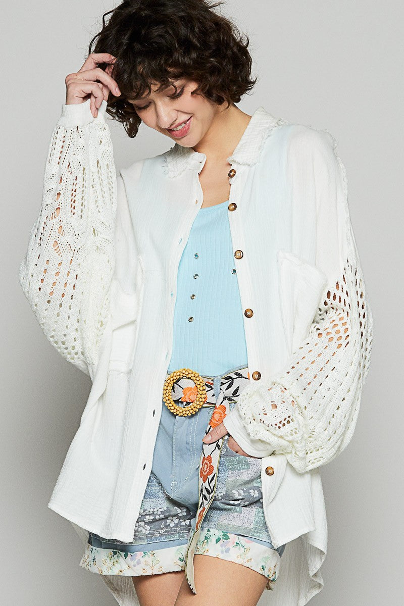 POL Crochet Patchwork Oversized Button-Up Blouse Long Sleeve High-low Gauze Shirt