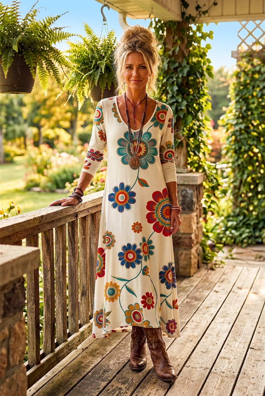 Groovy Floral Daisy V-Neck Long Sleeve Colorful Retro A-line Maxi Dress Hippie Boho