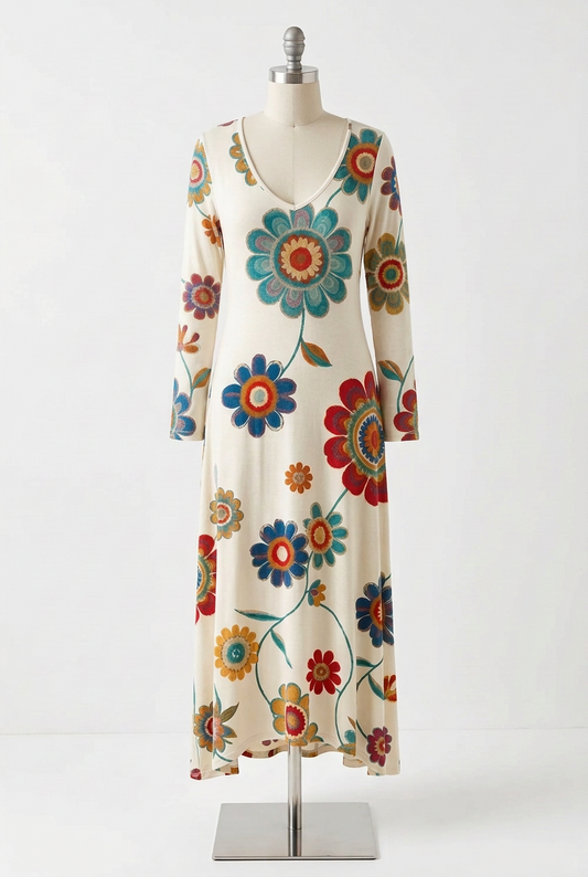 Groovy Floral Daisy V-Neck Long Sleeve Colorful Retro A-line Maxi Dress Hippie Boho