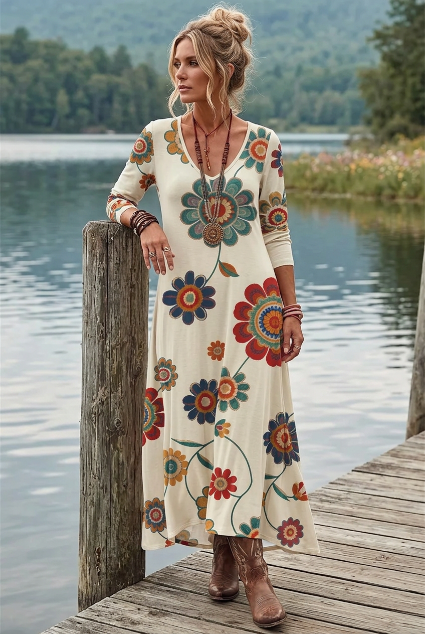 Groovy Floral Daisy V-Neck Long Sleeve Colorful Retro A-line Maxi Dress Hippie Boho