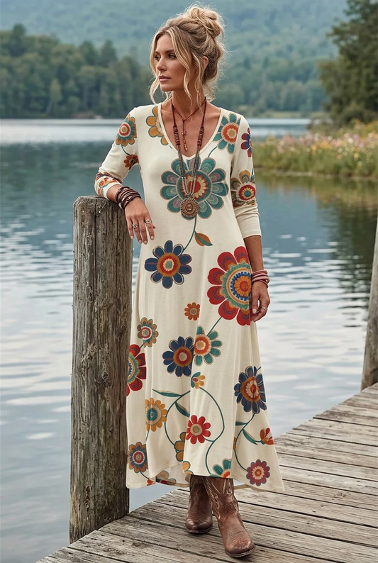 Groovy Floral Daisy V-Neck Long Sleeve Colorful Retro A-line Maxi Dress Hippie Boho
